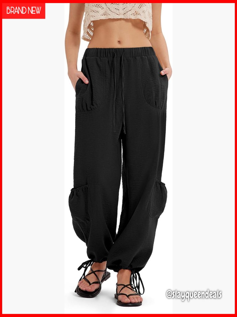 Linen Boho Balloon Pants With Pockets Drawstring Cargo Wide Leg